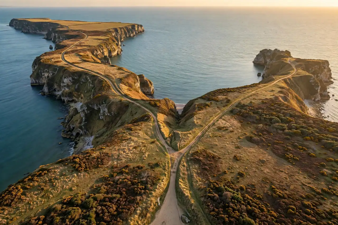 Vue aérienne drone de la côte du Cotentin, falaises et chemins vers l'horizon
